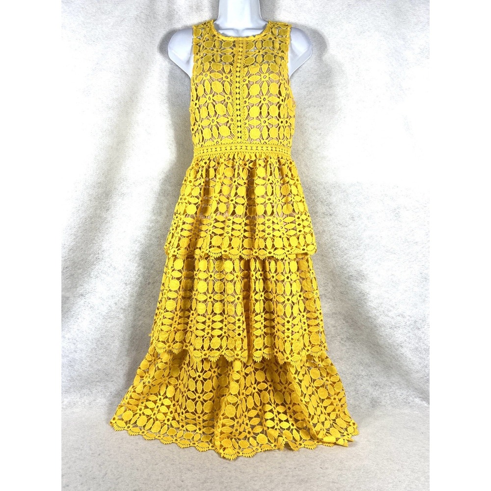 Lulu's Dress Women's Small Yellow Lace Tiered Midi Sleeveless Floral EUC